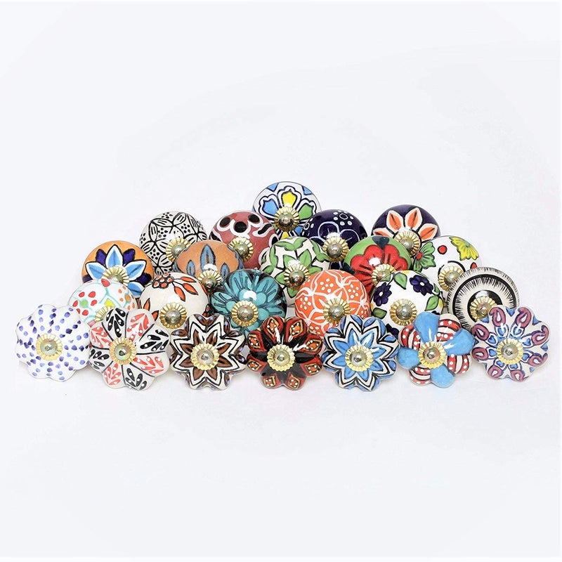 FOLK CRAFT Knobs for Cabinets and Drawers - Pack of 25 - Indian Countryside Colorful Assorted Ceramic Pull Handle Kitchen Cupboard Wardrobe Dresser Knob Boho Room Interior Decor - Multicolor - Image 1